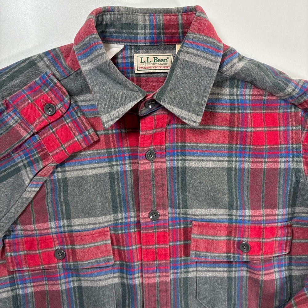 Vintage LL Bean Chamois Cloth Flannel Shirt Medium Red Grey Plaid Made in USA